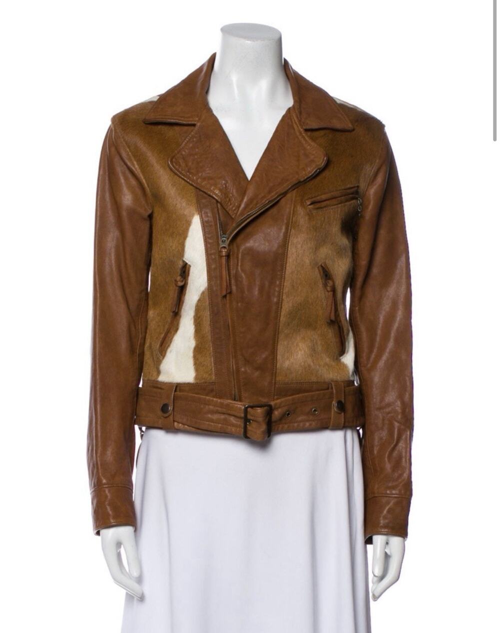 Polo Ralph Lauren Calf Hair Animal Cow Print COGNAC BROWN Leather Moto Jacket S